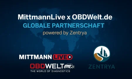 MittmannLive, OBDWelt.de und Zentrya – globale Partnerschaft für Fahrzeugdiagnose, Tuning und Werkstatttechnologie, präsentiert auf modernem Tech-Banner.